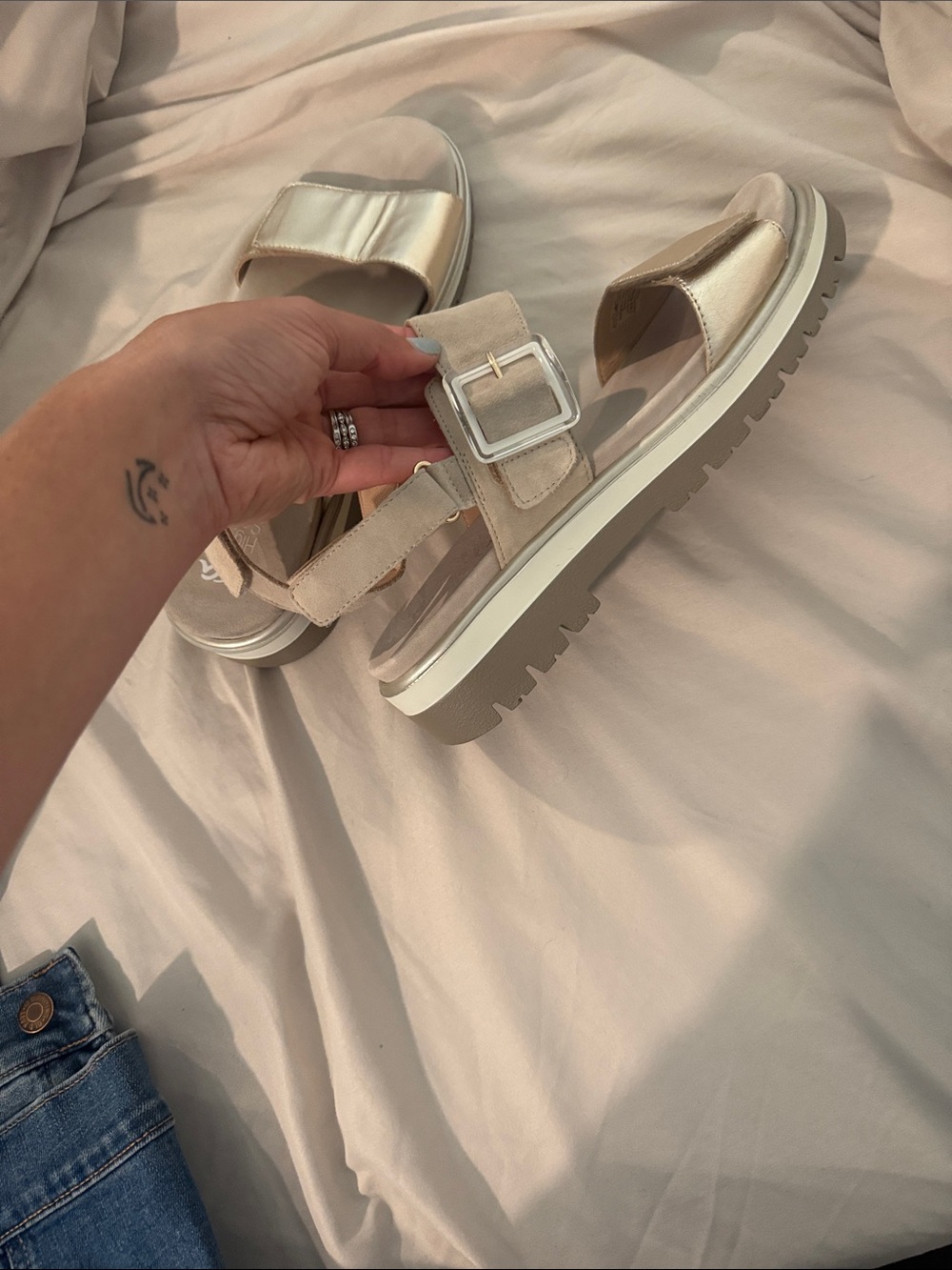 Never worn Ara Metallic Gold and Beige Adjustable Strap Sandals